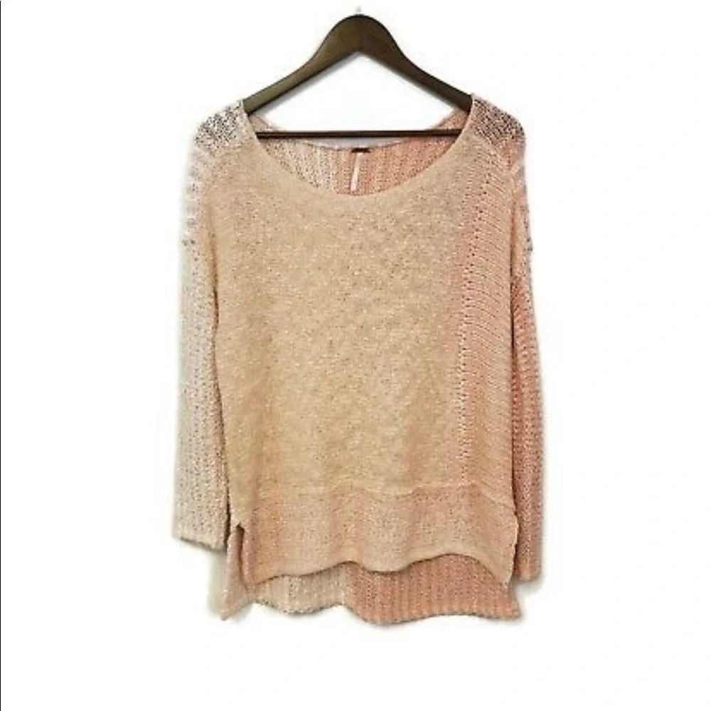 Free People pink and white knit sweater with side skits size medium